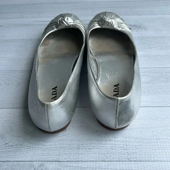 Prada Metallic Silver Leather Ballet Flats Size 5.5 - Picture 7 of 14